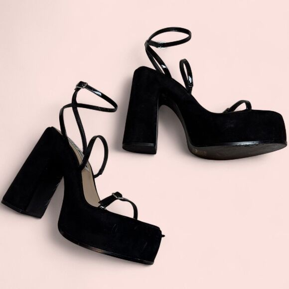 Steve Madden Erica Velvet Suede Black Platform Strappy Heels - 9.5 - Picture 1 of 8